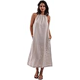 Amazhiyu Womens Linen Halter Sleeveless Maxi Dress Tie Back with Belt and Pockets