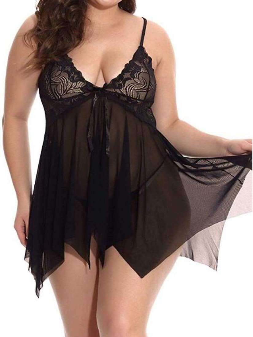 Women's Sexy Mesh Babydoll Set Cupless Lingerie with G-String Nightwear,Black,XX-Large
