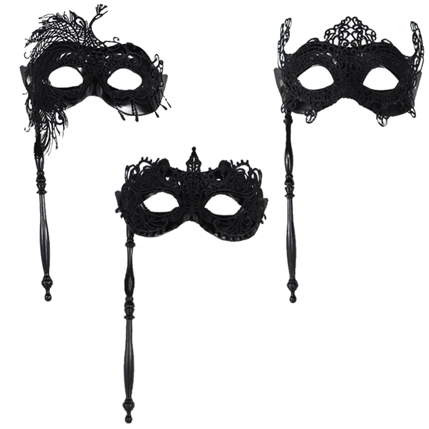 Lezevn 3 Pieces Masquerade Mask with Holding Stick Venetian Women Lace Mask Black Eye Mask Halloween Prom Ball Costume Cosplay Accessories