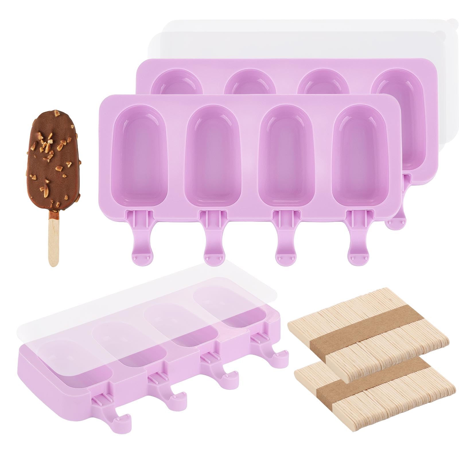 Photo 1 of 3 Set Violet Samll Popsicles Molds with Lids and 100 Pieces Wooden Popsicles Sticks, 4 Cavities Silicone Ice Cream Molds for Making Cakesicles, Cake Pops, Ice Cream - BPA Free