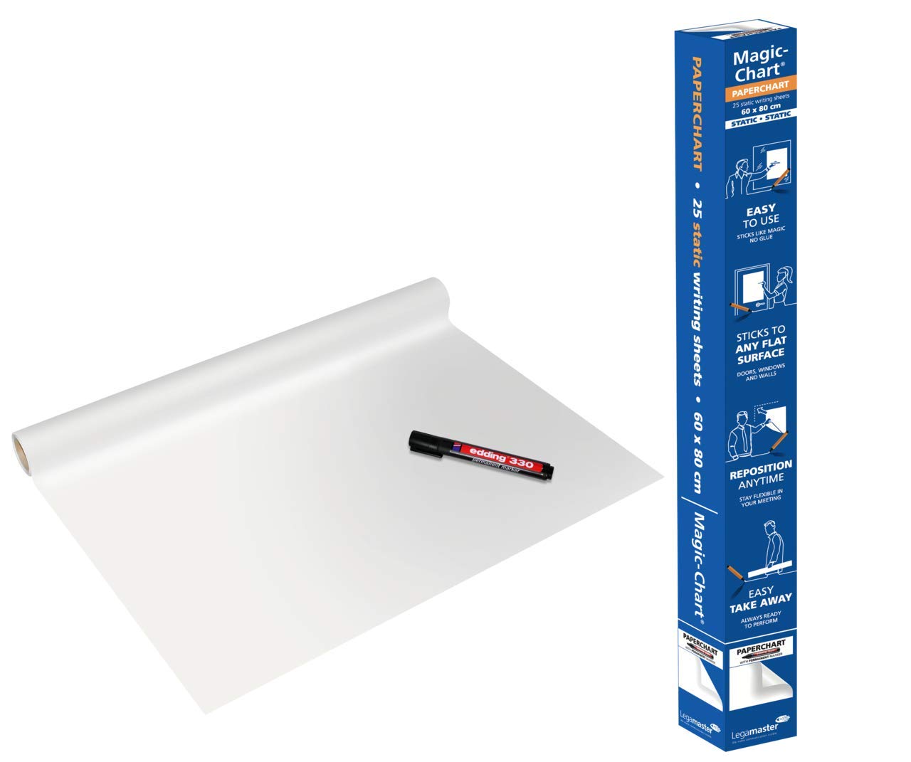 Legamaster Magic-Chart Paperchart Foil - static self-adhesive - white - 80x60cm - wipeable and rewritable - incl. 1 board marker - 25 foil sheets on a roll