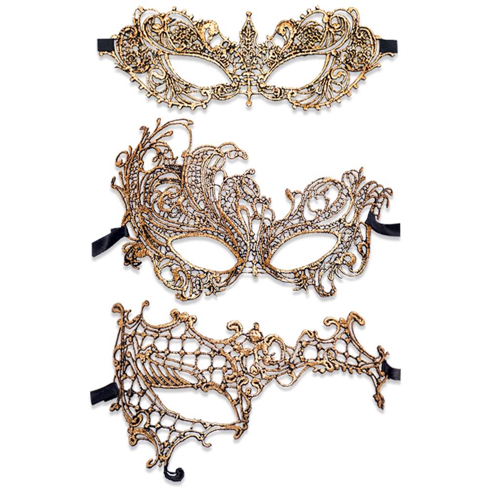 Maigendoo 3 Pcs Lace Masquerade Masks Mardi Gras Mask Men Women Venetian Masks Prom Eye Mask Set Costume Party Supplies for Carnival Mardi Gras Halloween Anniversary Festival Ball, Gold