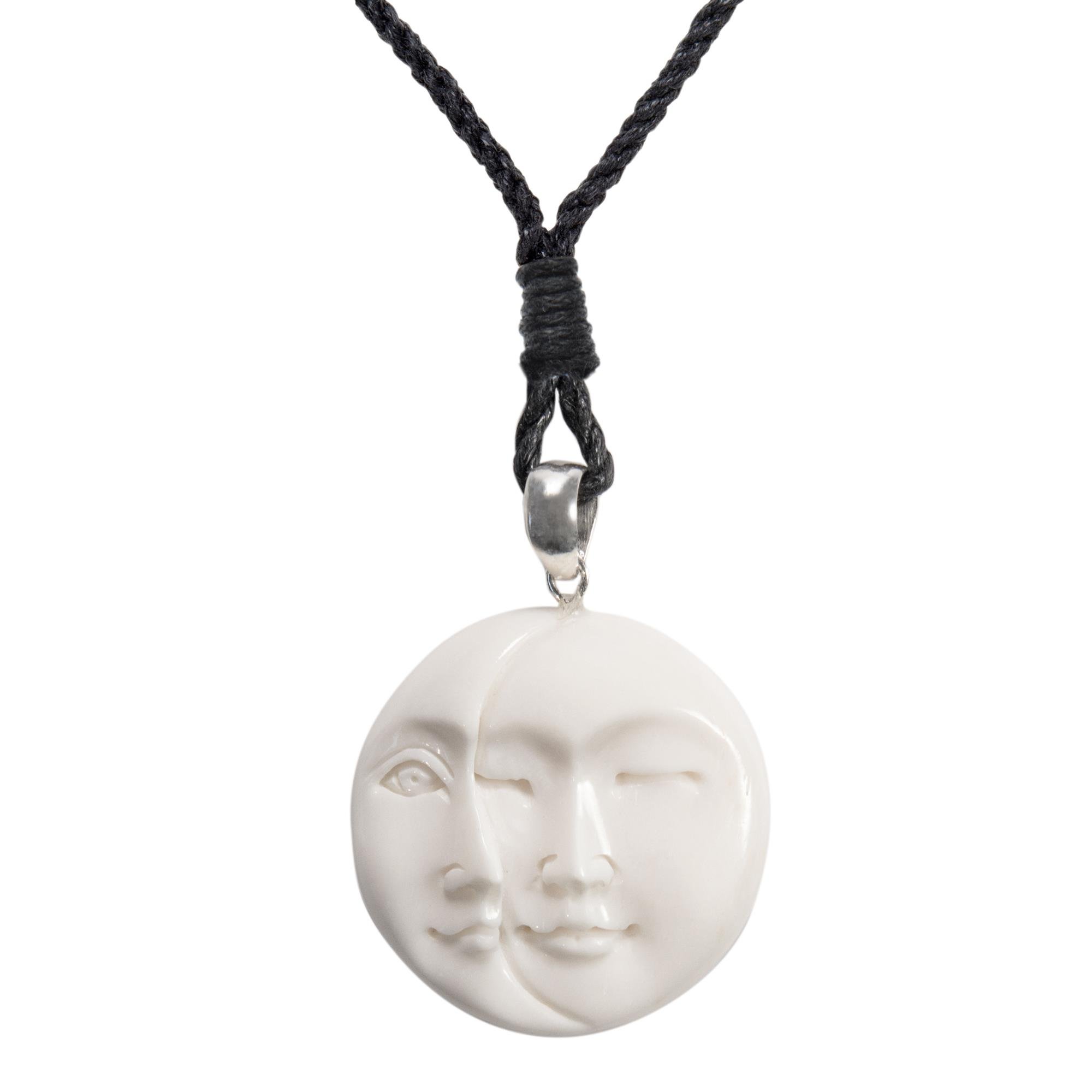 81stgeneration Sterling Silver Hand-Carved Bone Double Moon Face Amulet Necklace – Full and Crescent Moon Phase Pendant - Boho Mystical Talisman for Men - Natural Celestial Jewellery for Women