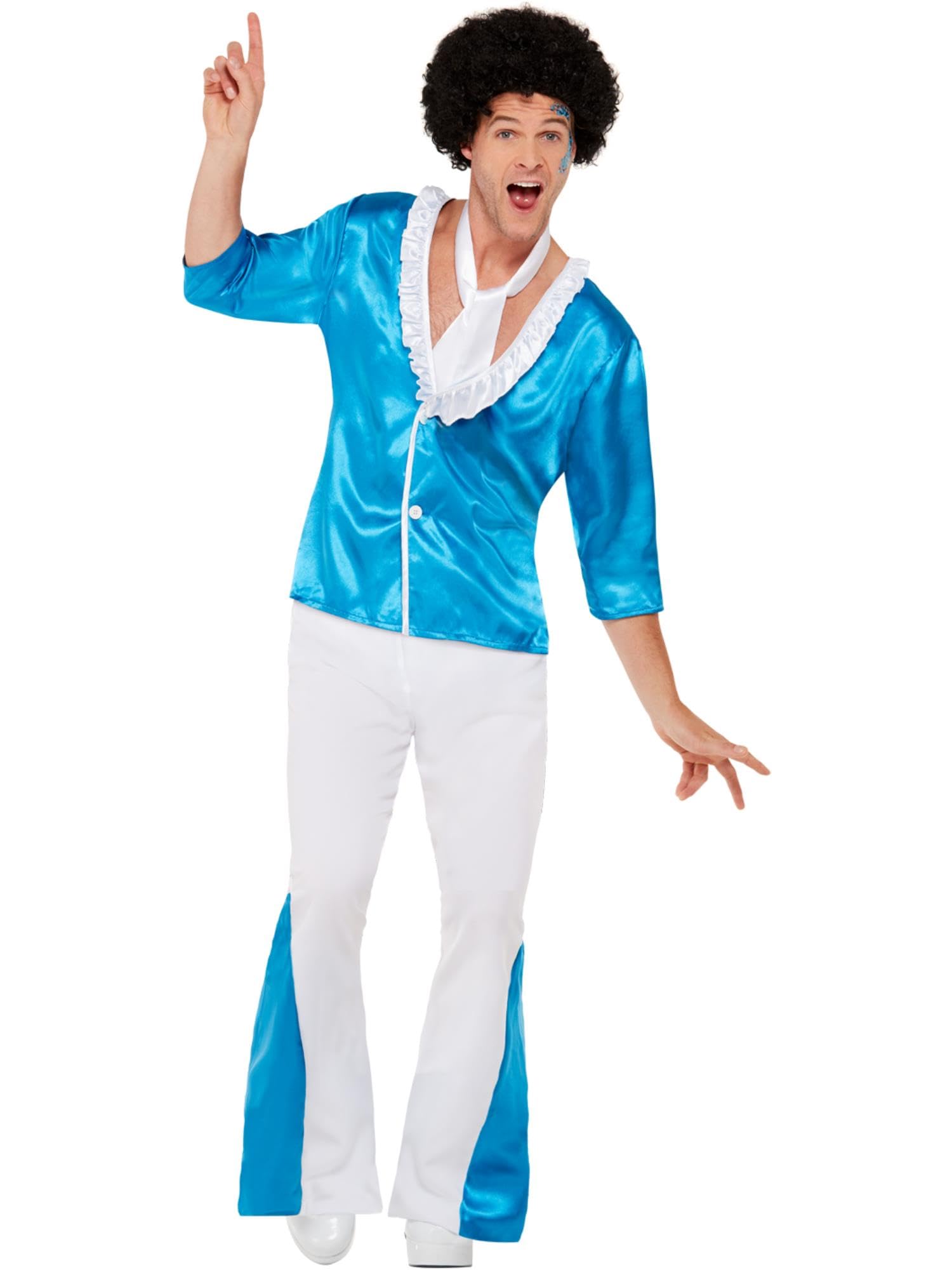 Smiffys 70s Super Glam Costume, Blue Shirt, Trousers & Neck Tie, 1970's Disco Fancy Dress, 1970s Dress Up Costumes