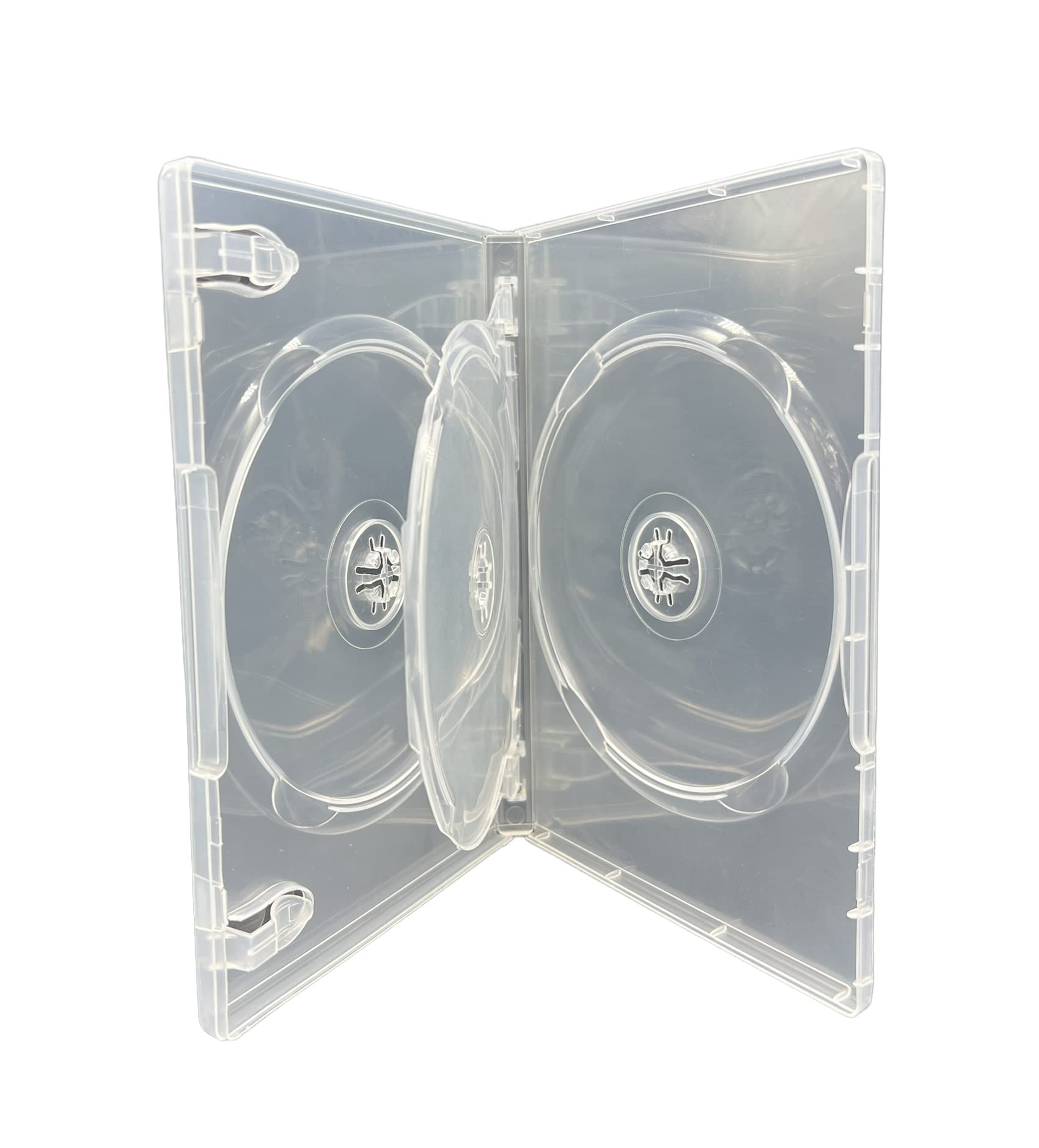 5 x 3 Disc CD DVD Blu Ray Disc Clear Cases for Holding 3 Discs. 14 mm Spine Cases With Outer Sleeve For Inlay Artwork. Replacement Cases Same Used By Major Film Studios.