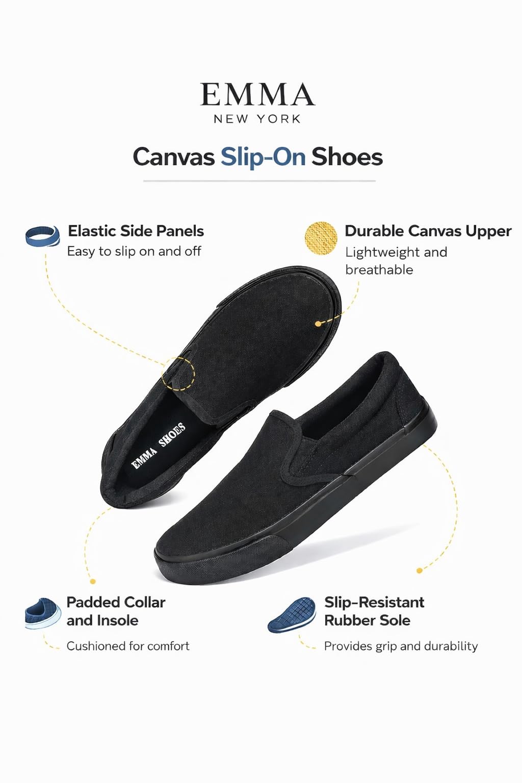 Emma Shoes Low-Top Slip Ons Women's Fashion Sneakers Casual Canvas Sneakers for Women Comfortable Flats Breathable Padded Insole Slip on Sneakers Women Low Slip on Shoes, All Black, 9