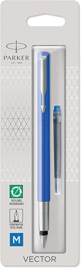 Parker Vector Fountain Pen Blue Chrome Trim Medium Nib Blue Ink Hangtab