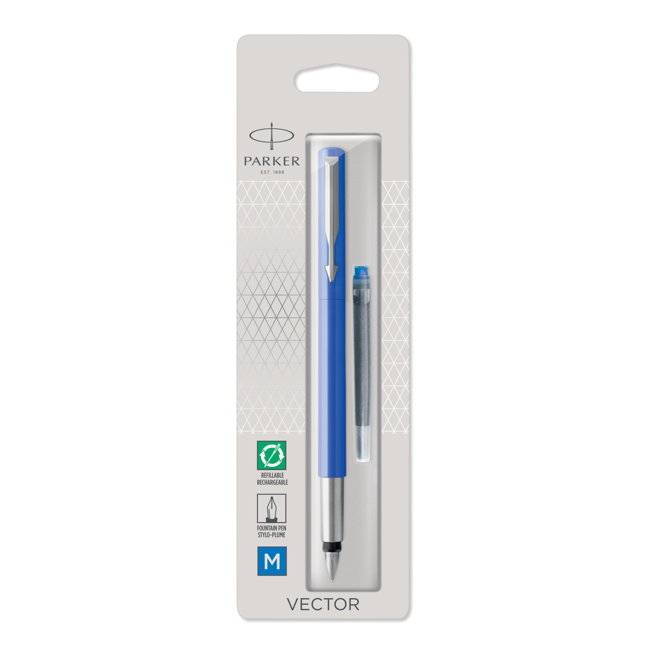 Parker Vector Fountain Pen | Blue with Chrome Trim | Medium Nib | Blue Ink | Hangtab