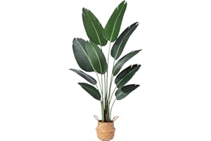 Ferrgoal Artificial Bird of Paradise Plants 5Ft Fake Tropical Palm Tree with 10 Trunks in Pot and Woven Seagrass Belly Basket Perfect Faux Plant for Home Indoor Outdoor Office Modern Decor Green