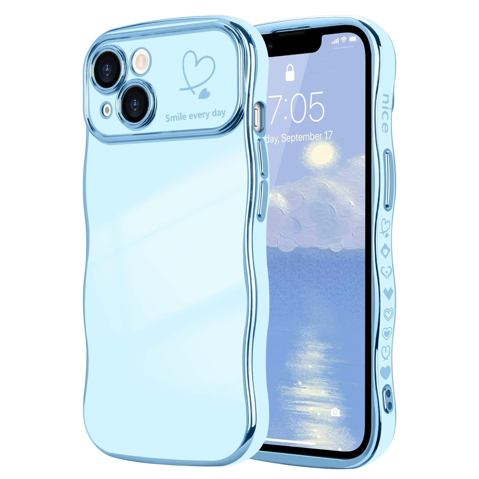 LCHULLE for iPhone 14 Case for Women Girls,Cute Curly Wave Frame Shape Love Heart Pattern Phone Case,Raised Camera Protection Luxury Plating Shockproof Cover for iPhone 14 6.1",Blue — image 1