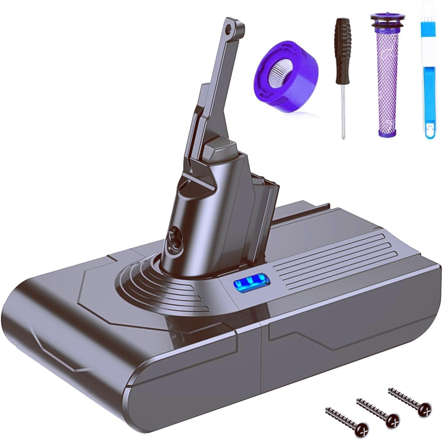 Battery for Dyson V8, FLYLINKTECH 6000mAh Replacement Battery for Dyson V8 SV10 Compatible with V8 Animal, V8 Absolute, V8 Fluffy Vacuum Cleaner with 2 Pre-filters+Cleaning Brush+Screwdriver