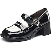Women's Leather Square-Toe Mid Chunky Heel Mary Janes Classic Adjustable Buckle Comfortable Block Heel Dress Pumps for Wedding, Party, Dating, Work