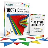 100 Ft Pennant Banner Flags, Colorful Double-Sided Plastic Triangle | Pre-Strung Waterproof Bunting for Birthday, Grand Opening, Carnival, Outdoor Party Decor, Reusable Weather-Resistant