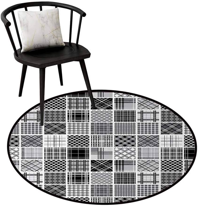 MultiPattern Round Rug Grey Reuse Mixed Checkered Squared Scotch Plaid