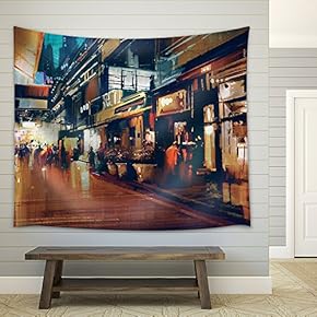 Illustration - Colorful Painting of Night Street.Illustration - Fabric Wall Tapestry Home Decor - 51x60 inches