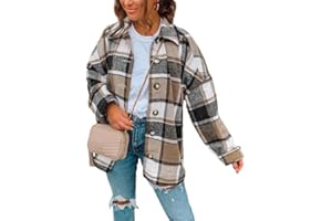 SHEWIN Womens Long Sleeve Plaid Shirts Flannel Lapel Button Down Shacket Jacket Coats