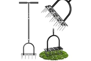 TOPHDY Lawn Aerator Spike Tool - Manual Grass Aerator with 15 Iron Spikes, Pre-Assembled Yard Aerator for Core Aeration, Heavy Duty T-Handle & Wide Foot Plate for Lawn Yard & Garden (Glossy Black)