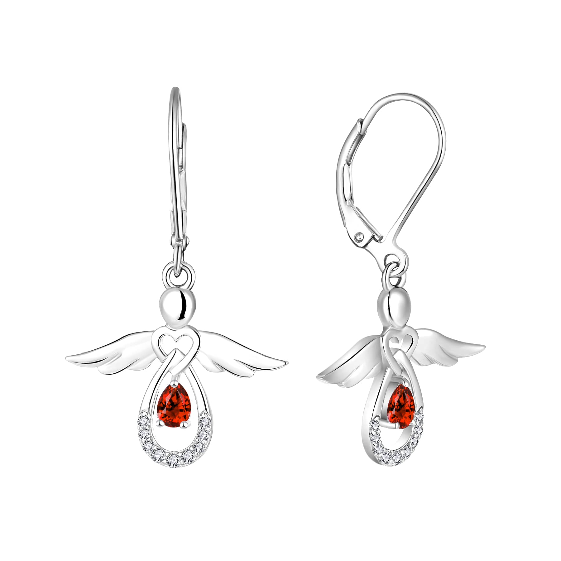 FJ Guardian Angel Earrings 925 Sterling Silver Leverback Dangle Drop Earrings Garnet January Birthstone Jewellery for Women