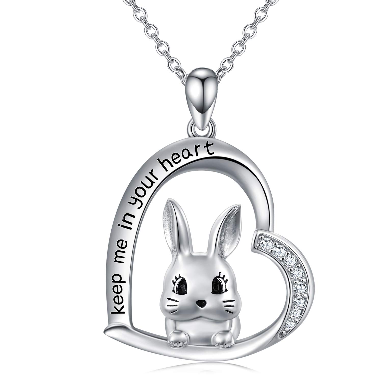 LONAGO 925 Sterling Silver Bunny Necklace Keep Me in Your Heart Cute Rabbit Pendant Necklace Jewelry for Easter Day Gift