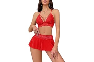 CRIPOM Sexy Lingerie for Women Naughty 3 Piece Lace Bralette, Mini Skirt with G-String Crotchless Lingerie Outfits