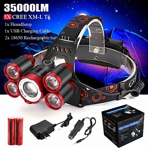 LED Headlamp Headlight,ZIYUO Waterproof 35000LM 5X XM-L T6 Zoomable LED Headlamp Rechargeable Headlight Camping Hiking Flashlight Head Torch lamp with 18650 batteries