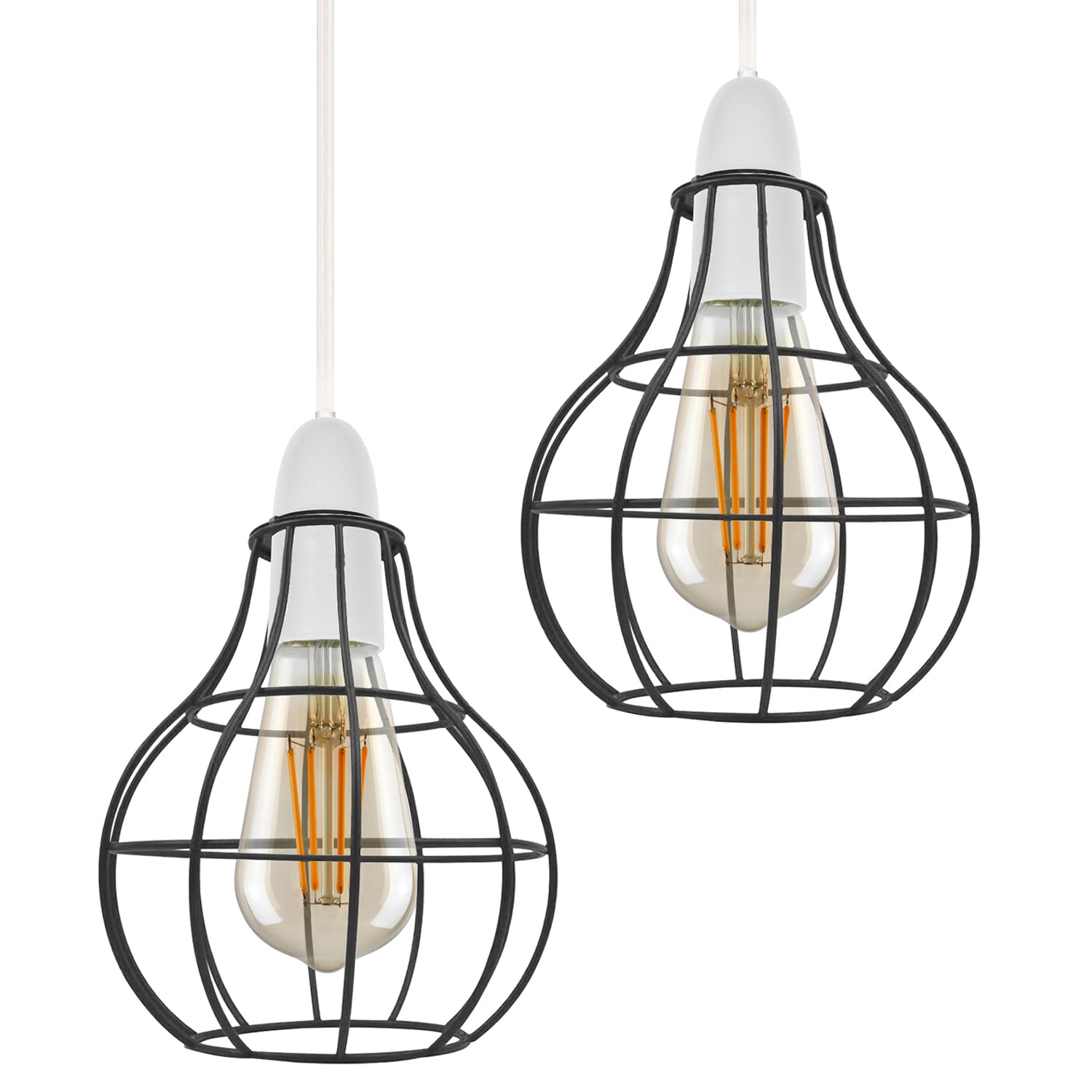 DC VOLTAGE 2 Pack of Metal 16cm Diameter Round Shape Black Cage Indoor Hanging Vintage Pendant E27 Light Shade Easy Fit for Living Room Bedroom Restaurants Kitchen