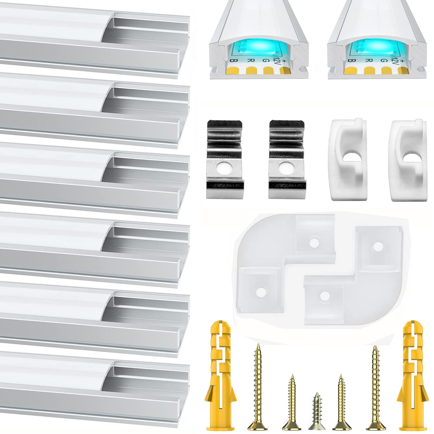 Chesbung Led Aluminum Channel for LED Strip Lights, 6 x 1M/3.3ft U Shape Aluminum Profile with Corner Connectors and White Cover, Strip Channels and Strip Diffusers with End Caps and Mounting Clips