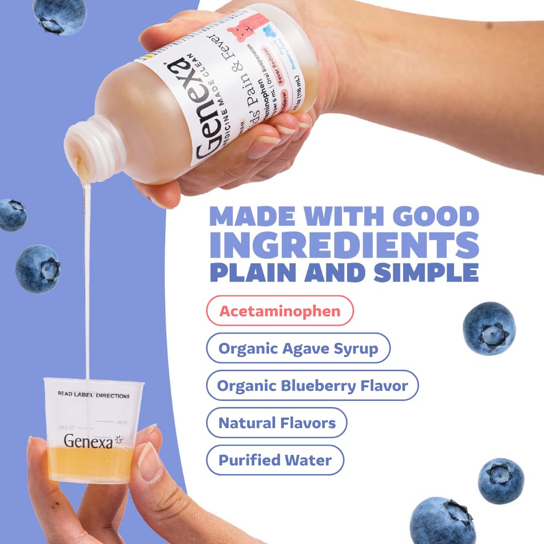 Genexa Children's Clean Acetaminophen | Pain & Fever Reducer for Kids | Kids Medicine, Dye Free Acetaminophen, 0% Artificial Additives | Ages 2-11, Delicious Organic Blueberry Liquid, 4 fl oz