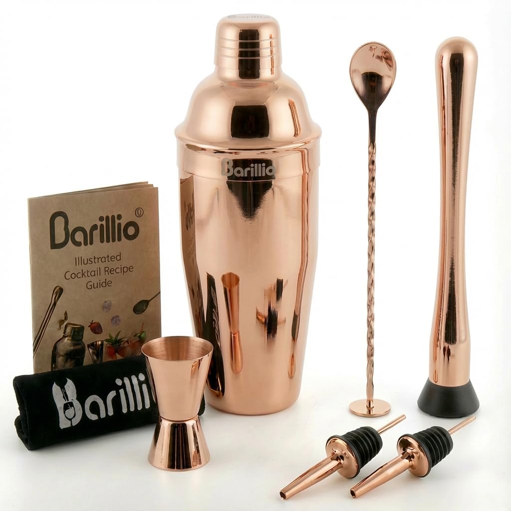 Rose Copper Cocktail Shaker Set Bartender Kit by BARILLIO: 24 oz Stainless Steel Martini Mixer, Muddler, Mixing Spoon, Jigger, 2 Liquor pourers, Velvet Bag Recipes Booklet & eBook a3