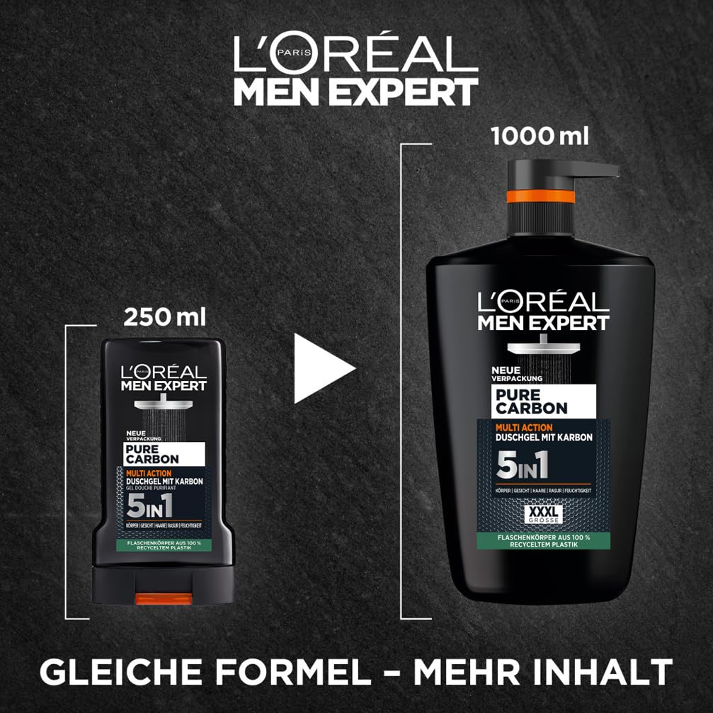 L'Oréal Men Expert XXXL 5in1 Duschgel und Shampoo für Männer, Duschbad zur Reinigung von Körper, Haar und Gesicht, Herren Körperpflege für langanhaltende Frische mit Karbon, Pure Carbon, 1 x 1000 ml 3