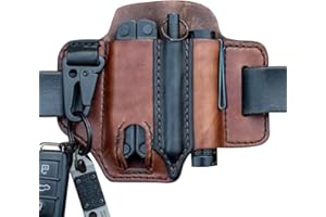 Multitool Sheath for Belt Leather EDC Pocket Organizer Men with Pen Holder Key Fob Flashlight Pouch