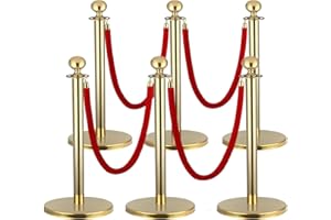 Yeatruojeet 6 PCS Stainless Steel Stanchion Post,5Ft Red Velvet Rope, Hollow Base and Velvet Ropes Safety Barriers Set, Poles Crowd Control Barriers for Red Carpet Themed Decoration (6)