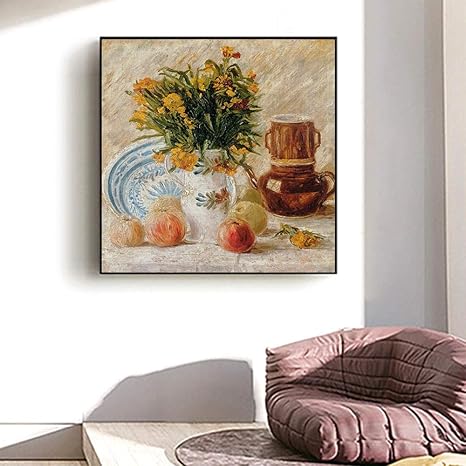 Amazon 有名なvan Goghヴァンゴッホ絵画インテリア花瓶with花コーヒーポットそして果物油彩絵画インテリア静物壁アートパネルクラシックキャンバスポスターホーム装飾50x50cmいいえフレーム アートフレーム ポスター オンライン通販
