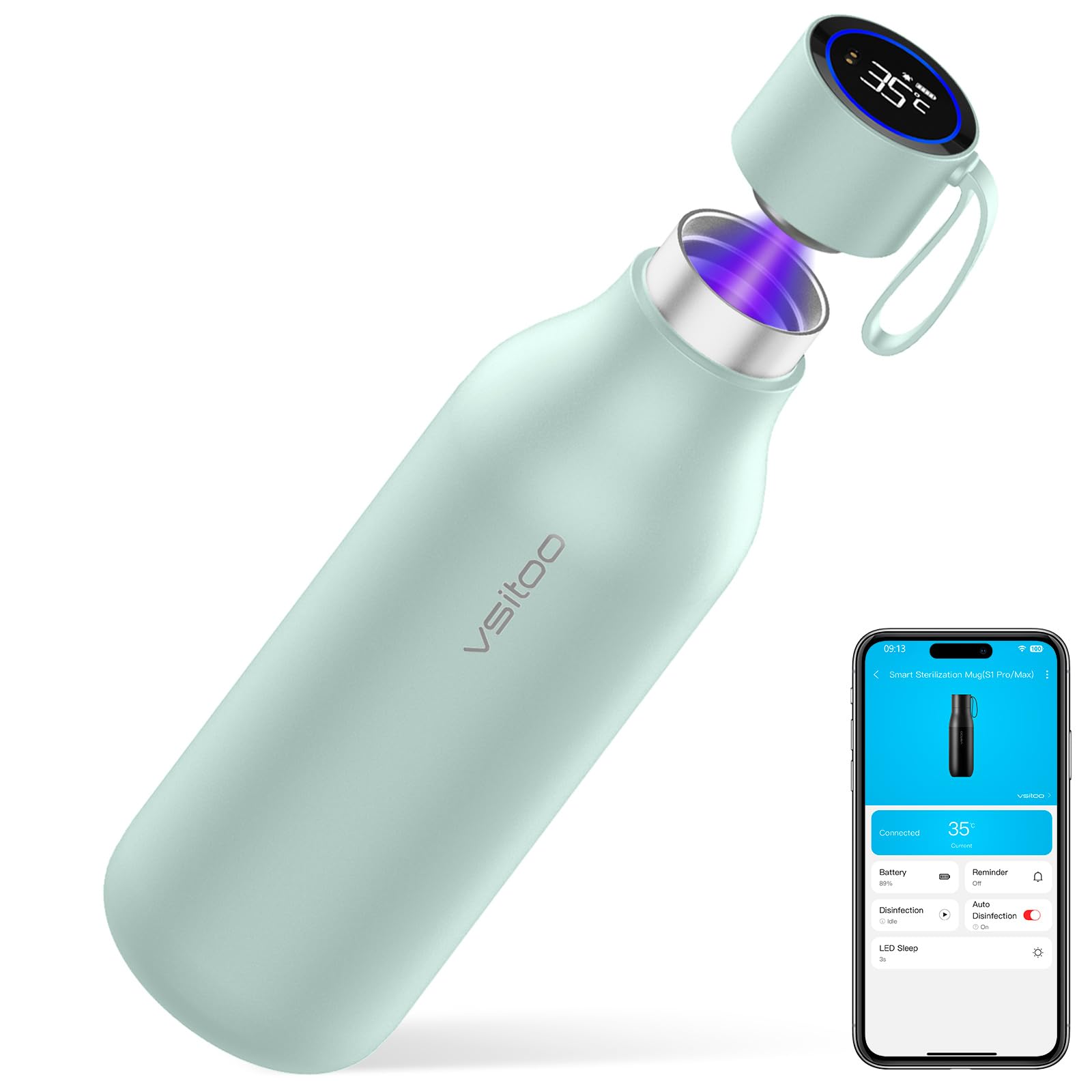 Photo 1 of VSITOO 33 oz Smart Self-Cleaning Water Bottle,Stainless Steel Vacuum Flask,BPA-Free, One-Touch Clean,30-Day Battery, Magnetic Charging,Portable Bottle for Travel,Gym or Office,Blue