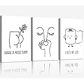 3pcs Framed Funny Bathroom Canvas Wall Art Black and White Toilet Wall Decor Paintings Humor Artwork Pictures Bad Smell Toilet Paper Roll Poster Print for Minimalist Bathroom Toilet Decor 12×16 Inch