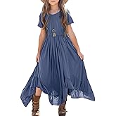 Seechoslo Tween Girls Maxi Dress Short Sleeve Casual Flowy Boho Style Summer Long Dress for Girls Big Kids Size 8-14 Years