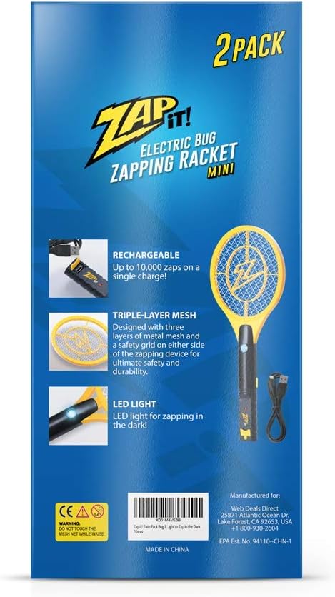 Zap It Bug Zapper Rechargeable Bug Zapper Racket, 4, 000 Volt, USB Charging Cable, 2 Pack : Garden & Outdoor