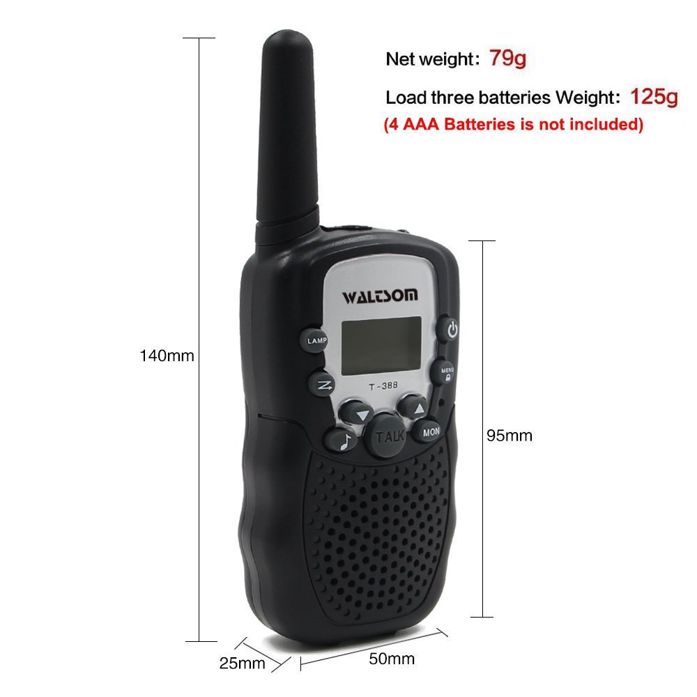 WALTSOM Kids Walkie Talkies, 2 Pack Portable T388 3KM Long Rang UHF Radio 22 FRS and GMRS Walky Talky for Camping/Summer Camp/Spring Outing Indoor Outdoor Activities, Best Gift for Child (Black)