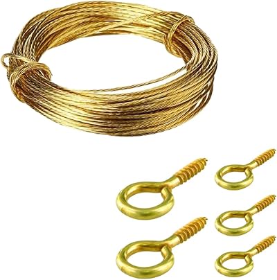 SISI UK Brass Picture Hanging Wire Kit 3 Meters with 20 Eye Screw Hooks