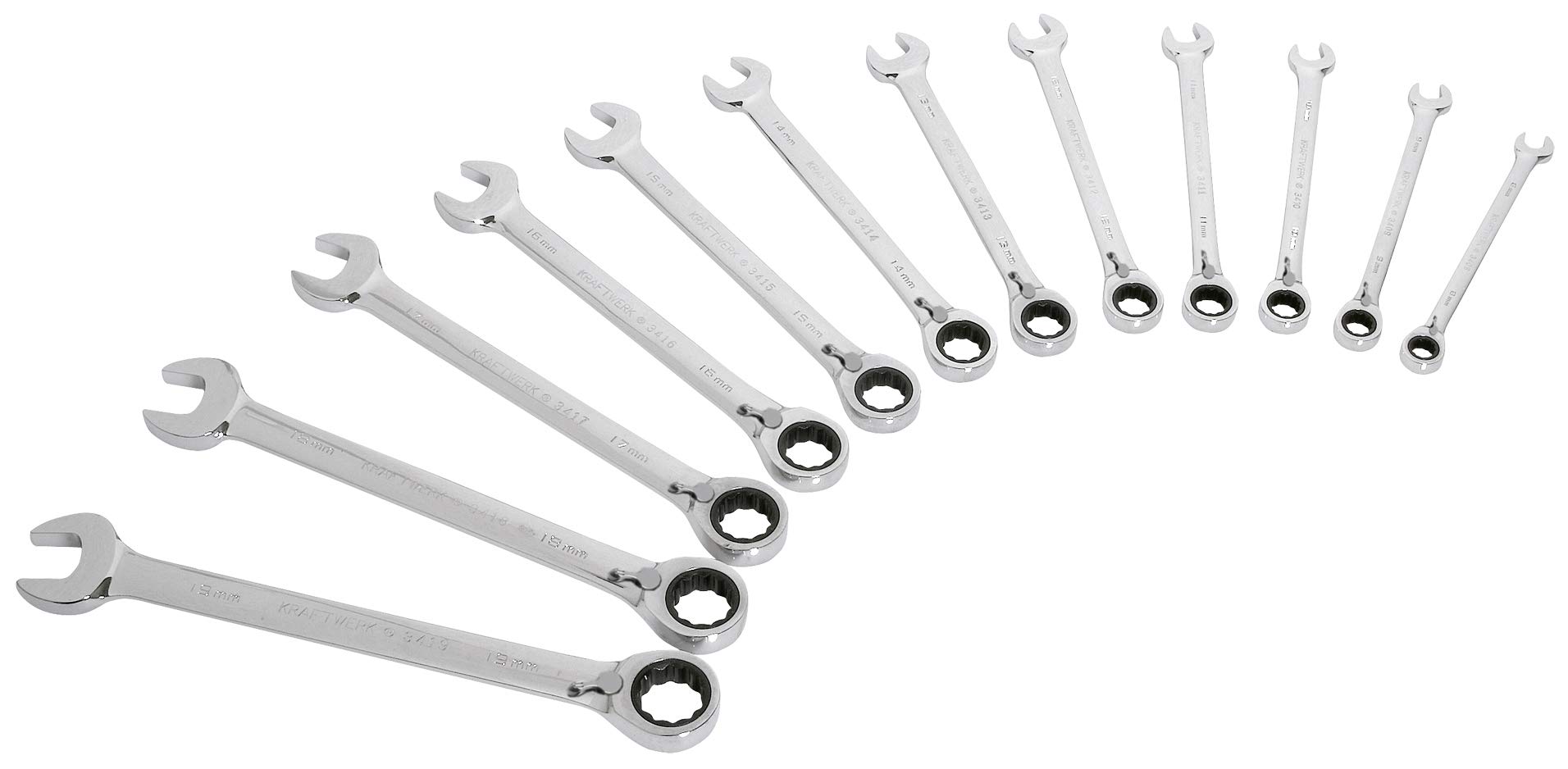 Kraftwerk 3404 54 Click Wheel Power Reversible Ratchet Spanner Wrench Set 8 – 19 mm, 12 Pieces in Case