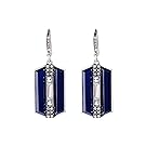 Silver Tone Art Deco Antique Vintage Style Blue Sapphire Rhinestone Geometric Dangle Earrings