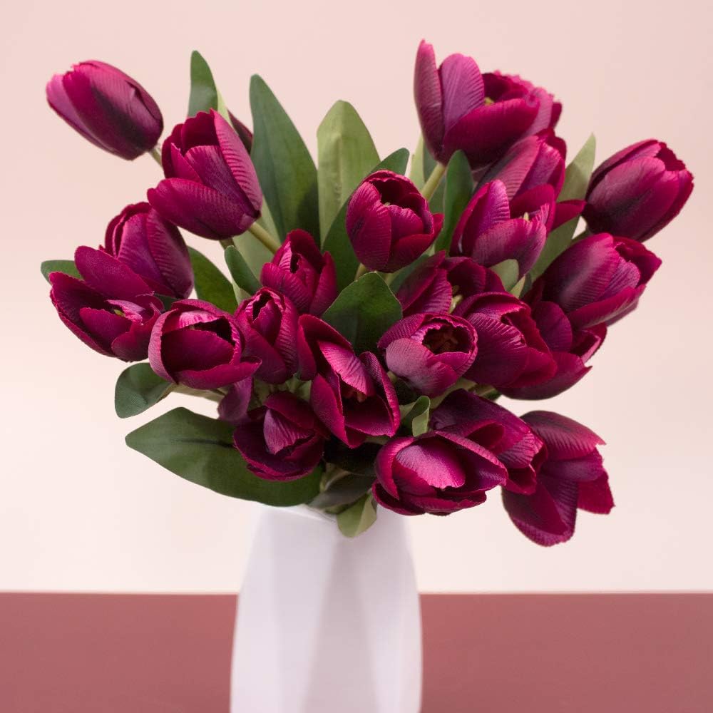 SnailGarden 27 Pcs 12" Artificial Flowers Purple Tulips,Silk Tulips Flowers with 2Pcs Satin Ribbon and 1 Pc Greeting Card for Wedding Party Decoration,Home Office Table Arrangements,Festival Gift - Image 3