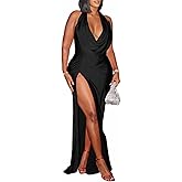 Women's Sexy Halter Sleeveless Birthday Dress Backless Deep V Neck High Slit Bodycon Maxi Dresses Party Gowns Clubwear