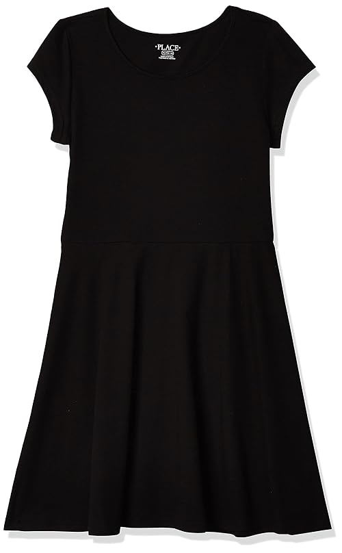The Children's Place girls Short Sleeve Solid Knit Pleat Dress, Black, 5 6 US