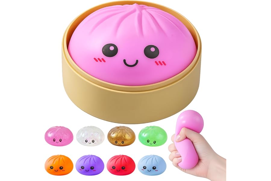 Dumpling Squishies, Glitter Dumpling Mystery Box, Colorful Dumplings Stress Balls Fidget Sensory Toy, Stocking Stuffers with Food Steamer Stretchy Desk Toys (Pink)