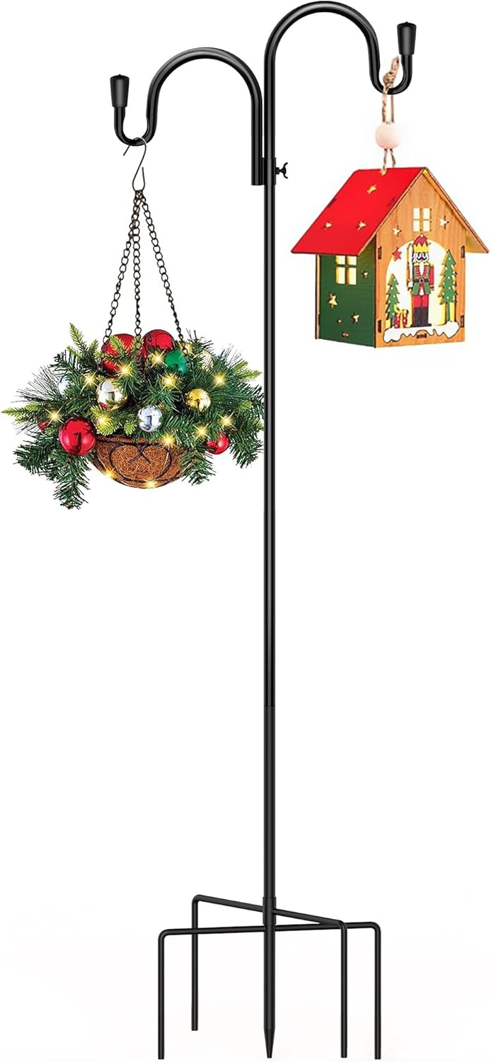 Outdoor Shepherd's Hooks - PEEKI Double Shepherds Hook, Adjustable Bird Feeder Pole for Outside with 5-Prong Base, Heavy Duty Garden Shepards Hooks for Outdoor Plant Hanger, Hummingbird Feeder Stand (63” Overall Height, 1-Pack)