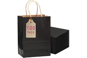 qiqee 100-Packs Black Paper Gift Bags with Handles Bulk 11"x5"x8"inch Medium Size Paper Bags Multiple Uses(27x20x12cm,Medium 