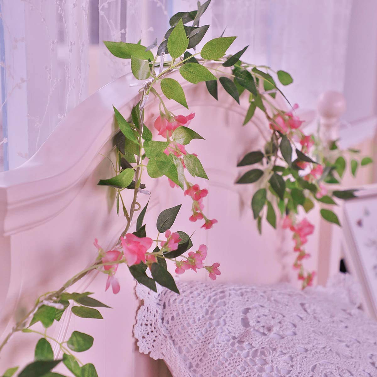 Riaxuebiy Artificial Wisteria Vine Garland Plants Flowers Arts 20 LED Fairy String Lights For Ceremony Home Wedding Decoration (Pink Wisteria String Light)