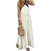 SOMTHRON Women's Criss Cross Halter Neck Maxi Dress Sleeveless Boho Cotton Linen Flowy Long Dress