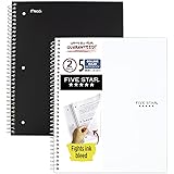 Spiral Notebooks, 5 Subject, College Ruled Paper, 200 Sheets, 11 x 8-1/2 inches, Black, White, 2 Pack